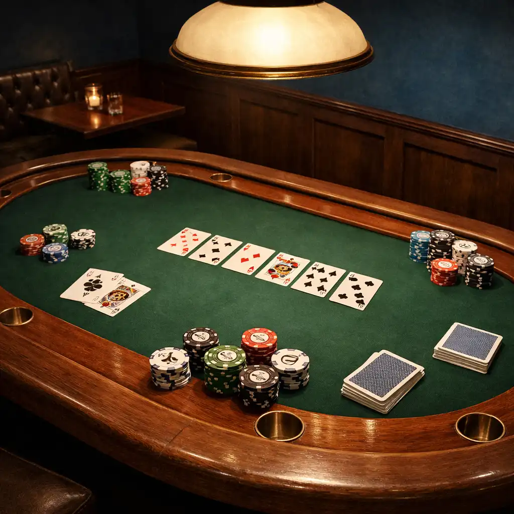 Pokerový stůl v salonku restaurace Hostina Talíř se zeleným suknem, žetony a kartami