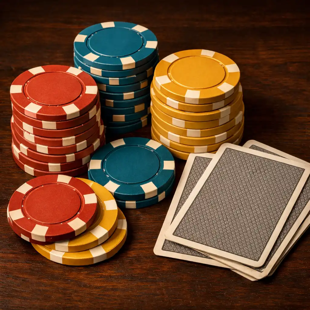 Detailní pohled na hromádku pokerových žetonů a karty na tmavém dřevěném stole