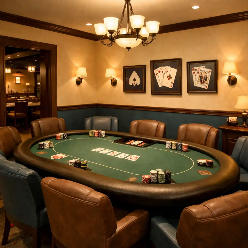 Interiér Poker Room s velkým dřevěným stolem, pohodlnými židlemi a teplým osvětlením