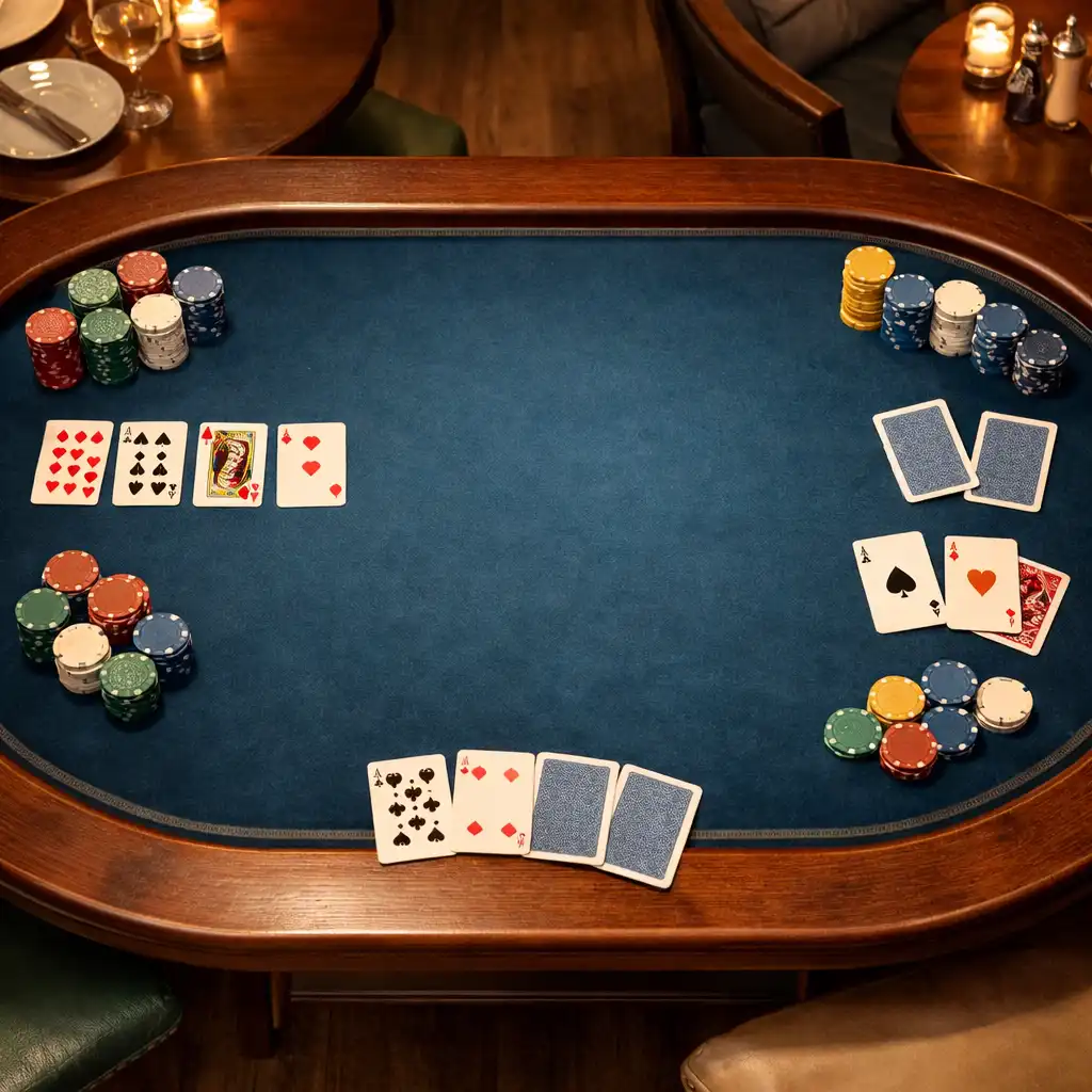 Profesionální pokerový stůl s tmavě modrou plstí, žetony a kartami