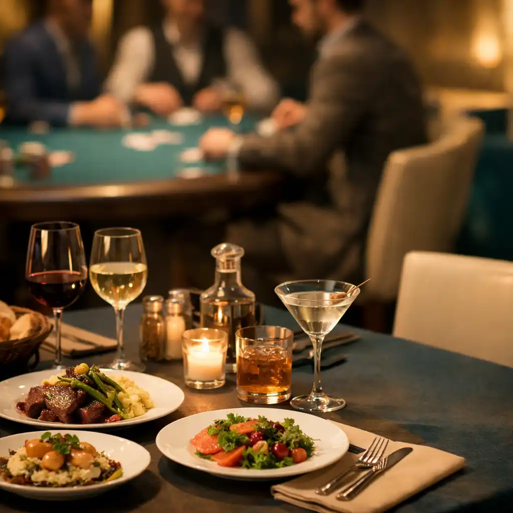Elegantní večeře v restauraci během pokerového večera s rozmazaným pokerovým stolem v pozadí