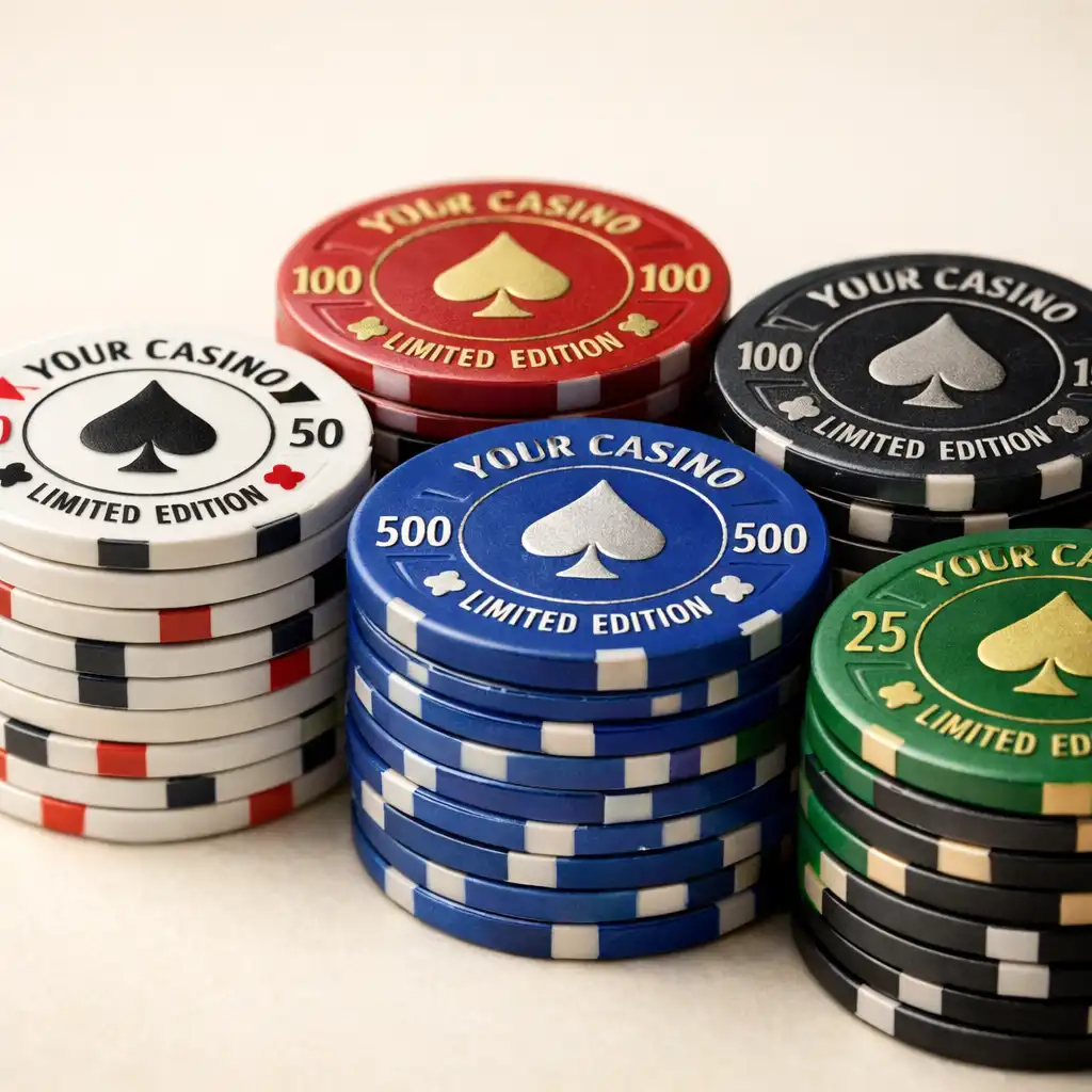 Keramické pokerové žetony v pěti barevných hodnotách