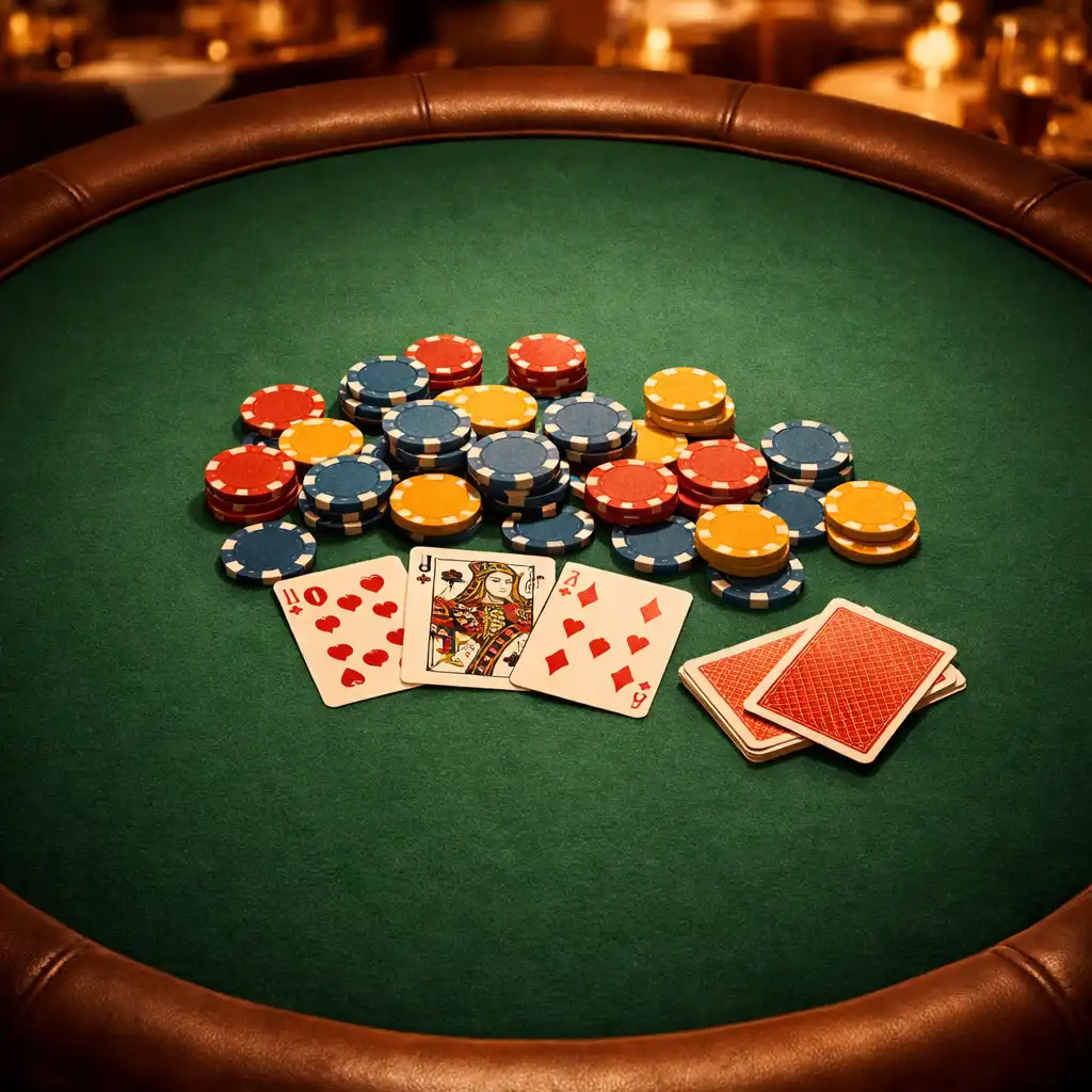 Pohled shora na pokerový stůl s kartami a žetony v teplém světle restaurace