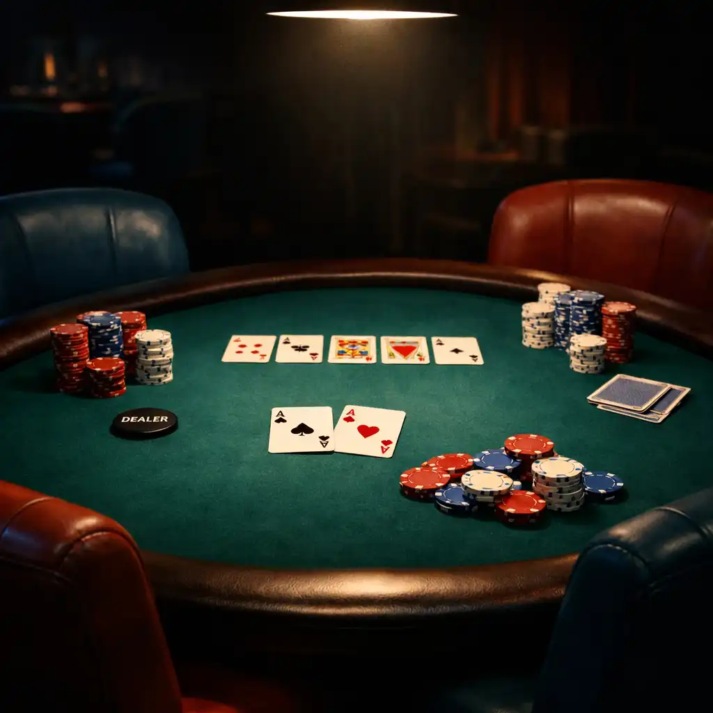 Profesionální pokerový stůl s žetony a kartami