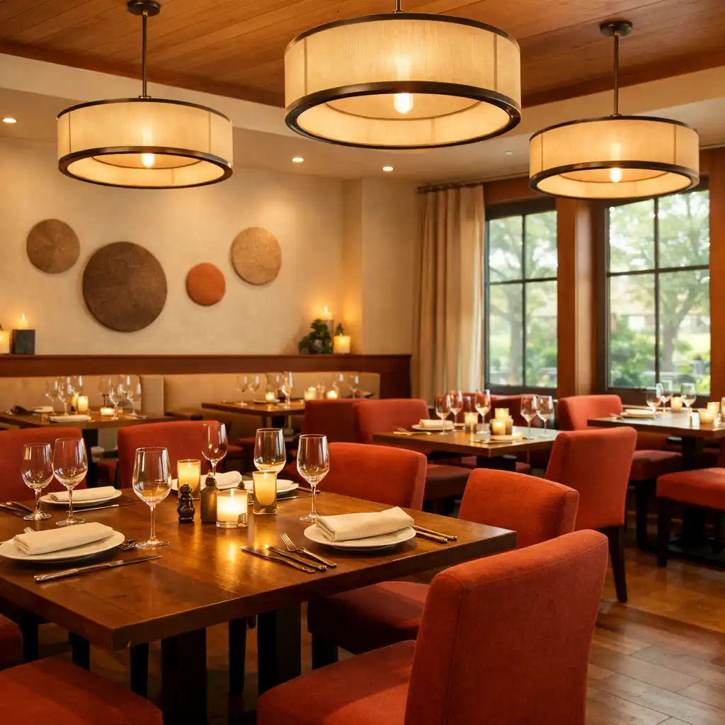 Interiér restaurace s dřevěnými stoly a cihlově červenými židlemi