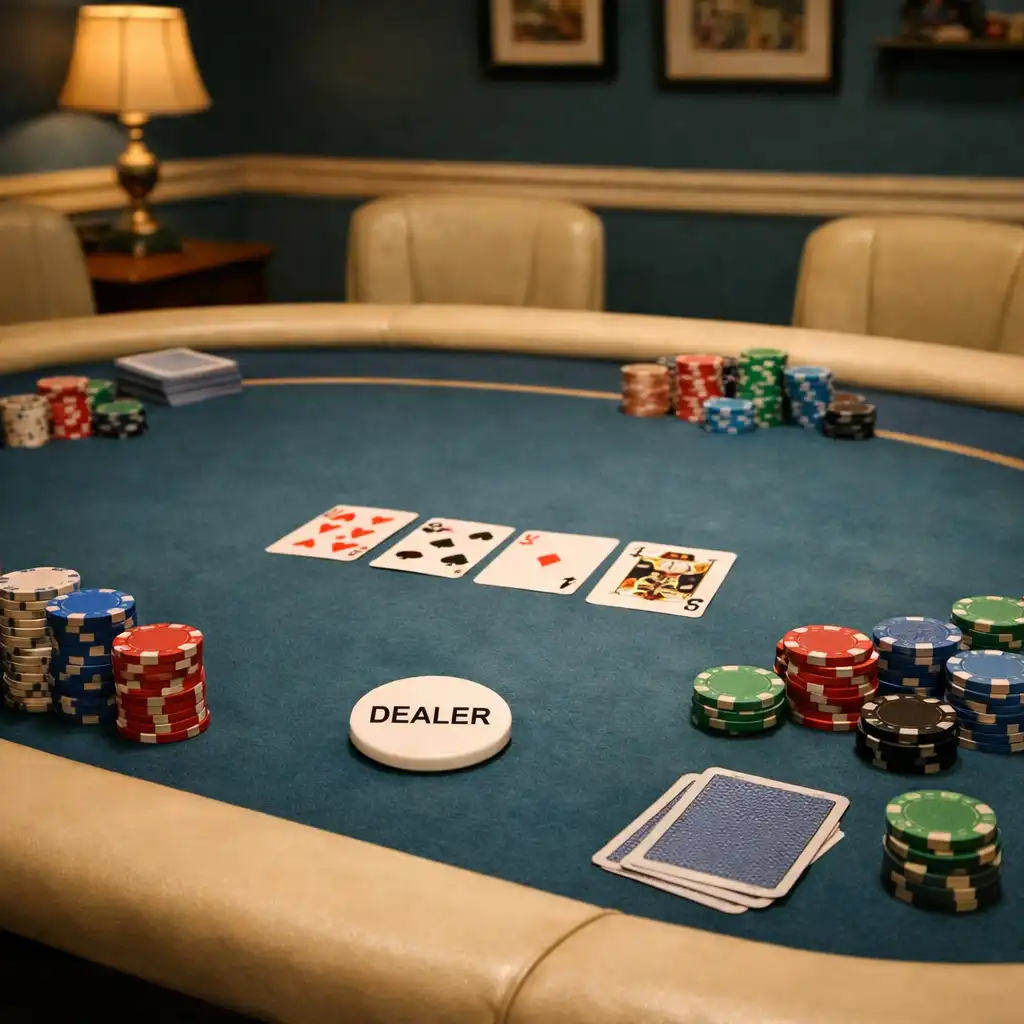 Realistický pokerový stůl s kartami, žetony a dealer buttonem v petrolově modré a krémové barevnosti